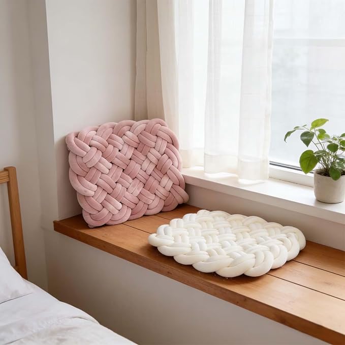 Knot Floor Cushions for Adults 19 x 15 Inch Handmade Knotted Meditation Floor Pillow for Sofa Bedroom Reading Room Balcony Pink