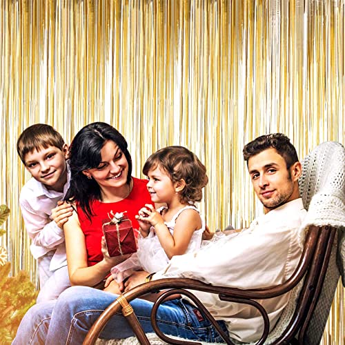 4 Pack Champagne Gold Foil Fringe Curtain Backdrop, 3.28Ft x 8.2Ft Metallic Tinsel Streamer Curtains for Party, Photo Booth Props, Birthday, Graduation Decoration Party Supplies - color: Gold,Turquoise,Red