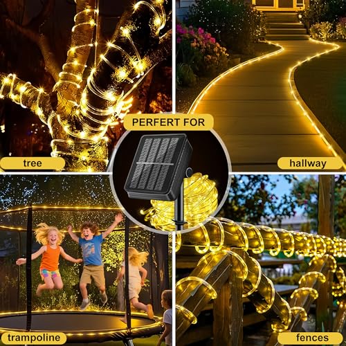 LairtPOW Solar Rope Lights with Remote for Tree Decor,72FT 200LEDs Outdoor Solar Strip Lights for Patio,IP67 Waterproof, USB Charging, Timing & 8 Modes Outdoor Fairy Light for Garden(Warm White) - color: Brighter-Warm White, size: 200 LED