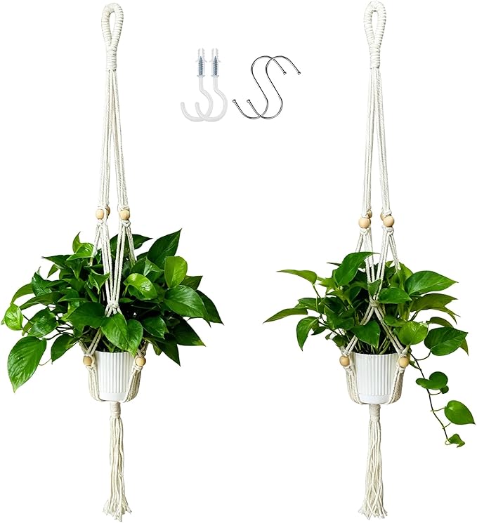 2-Pack Macrame Plant Hangers with Tassel, 35 Inch Boho Hanging Planters with 4 Hooks for Indoor, Handwoven Cotton Rope Holder for Home Decor (No Pot Included)