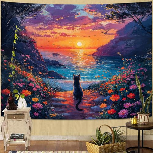 kampdream Landscape Tapestry, Scenery Art Wall Tapestries, Nature Wall Decor for Bedroom Living Room Backdrop Sunset Cat 36×48 inches - color: Sunset Cat, size: 48"L x 36"W