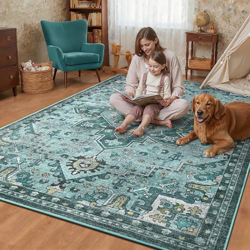 Foxmas 5x7 Area Rugs for Living Room Bedroom, Machine Washable Non-Slip Vintage Rug, Low Pile Throw Rugs with Rubber Backing Washable Carpet for Dining Room Kitchen Home Decor, Teal - color: Teal/Multi, size: 5' X 7' (Rectangular)