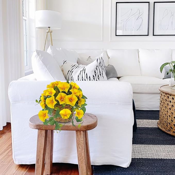 Briful 2 Pack Fake Morning Glory with Handwoven Basket - 8.2" Yellow Faux Potted Flowers Silk Floral Table Centerpiece for Home Office Room Shelf Desk Decor