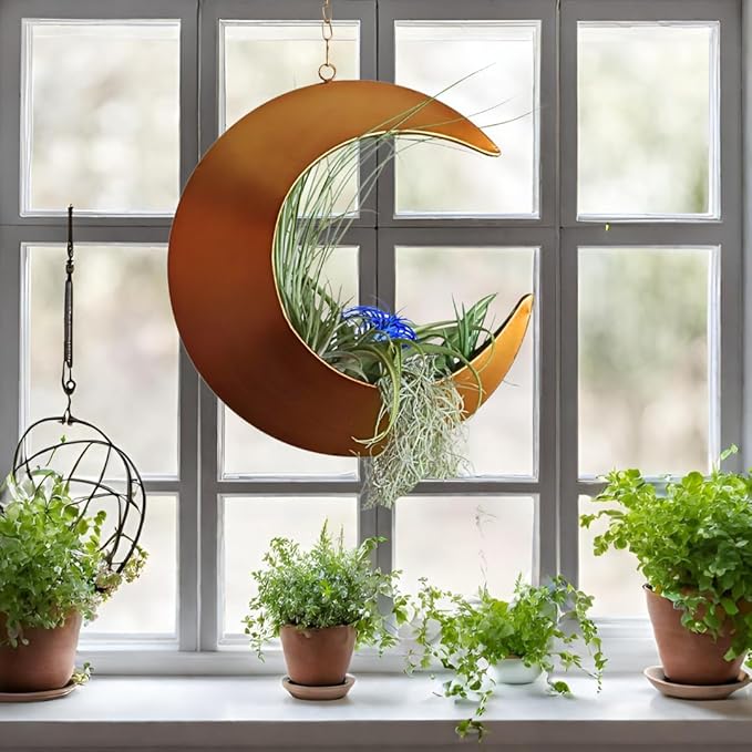 Hanging Crescent Moon Planter - Moon Room Decor - Unique Planters for Succulents, Air Plants, Cactus, Artificial Plants- Plant Lover Gifts - Boho, Hippie, Birthdays, Witchy Gifts for Women (Gold)