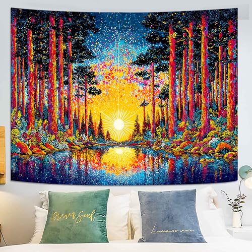Spenlife Forest Lake Starburst Wall Tapestry, Trippy Sunrise Reflection Tapestries for Living Room Decor, Vibrant Tapestry 60x44 Inch - color: Orange Blue, size: 60"L x 44"W