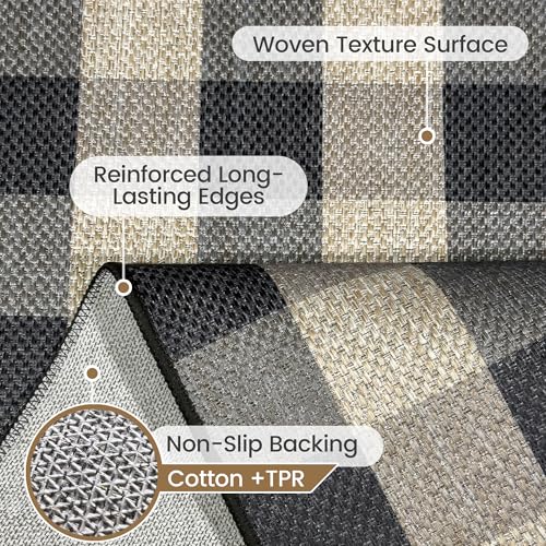 Washable Checkered Easy Jute Rug 8x10, Black Plaid Checkerboard Geometric Modern Outdoor Indoor Patio Large Rug, Woven Thin Carpet Mat for Living Dining Play Room Bedroom Classroom Kid Nursery - color: Checkerboard -2 Black Grey, size: 8' x 10'