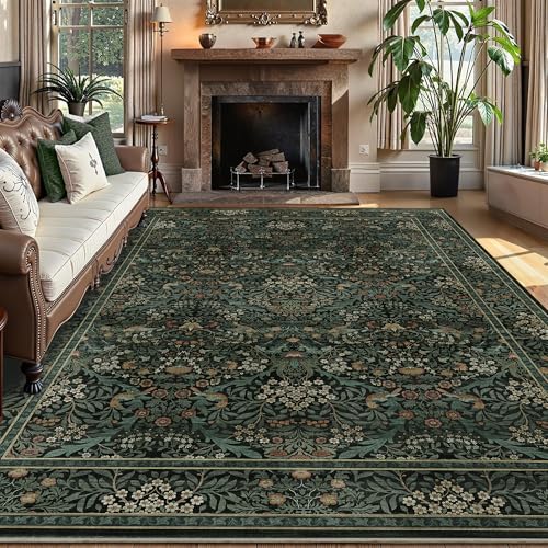 6x9 Floral Washable Area Rug for Living Room, Vintage Boho Large Rug for Bedroom Dining Room， Distressed Botanical Birds Non Slip Low Pile Forest Animal Throw Carpet for Farmhouse Office, Dark Green - color: Dark Green, size: 6' x 9' (Rectangular)