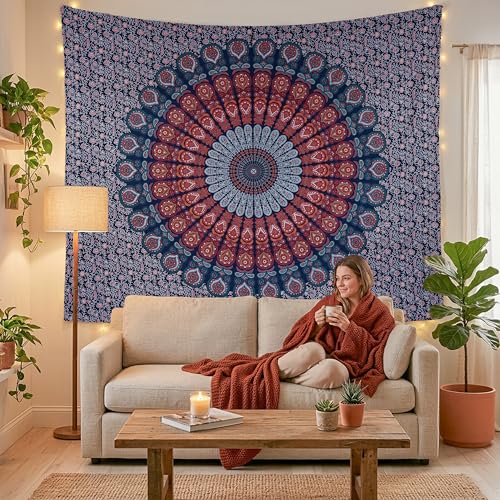 FURNISHFUL FINESSE Handmade Cotton Peacock Mandala Tapestry - Boho Wall Decor, Bohemian Hippie Room Hanging for Bedroom, Dorm & Living Room Aesthetic - 30x40 Inches, (Golden Blue) - color: Golden Blue, size: 40"L x 30"W