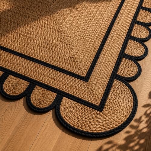 Braided Scalloped Jute Rug Natural with Black Trim, Handmade Farmhouse Boho Area Rug for Entryway, Kitchen, Hallway, Living Room, Bedroom, Rustic Woven Floor Rug - (Black- 12X9 ft) - size: 9' x 12' (Rectangular)