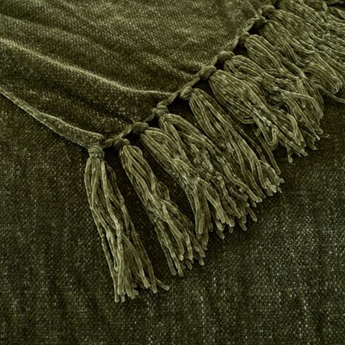 Chenille Throw Blanket for Couch with Tassels,50"X60" Soft Cozy Lightweight Knitted Boho Decorative Blankets for Bed and Sofa,Olive Green - color: Olive Green, size: 50"x60"