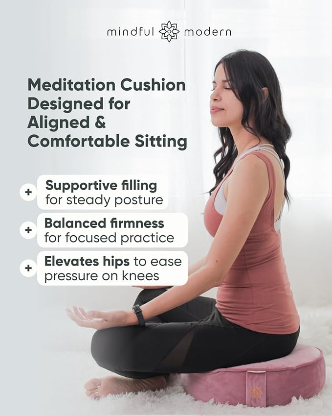 Mindful Modern Velvet Meditation Cushion | Luxe Zafu Yoga Floor Pillow Seat | Posture Support | Buckwheat Hull Filled | Large Round Cushion with Removable Washable Cover + Carry Handle