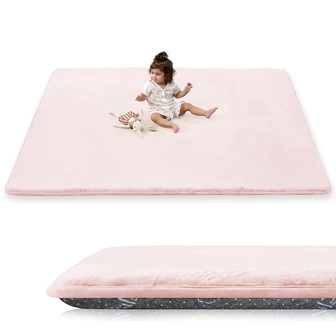 1.5" Thick Baby Play Mat for Floor, 39x59 Playpen Mat, Pro Soft Flannel Foam Mats Toddler Infant Kids Crawling for Nursery Rug Playroom Living Room Waterproof Easy Care Non-Slip (Baby Pink)