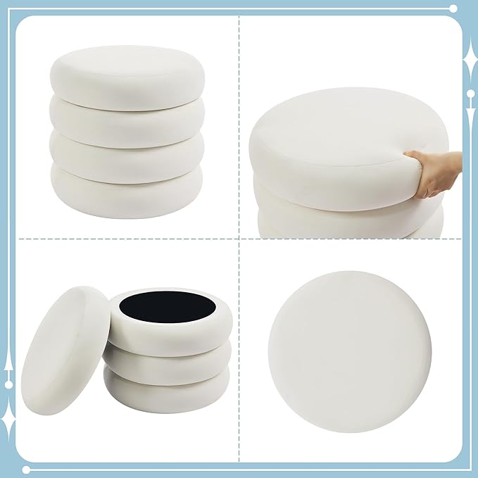 Flouki 20.1" Storage Ottoman Round, Vanity Stools for Bedroom, Entryway Ottoman for Console Table, Ottoman Stool for Girls Women, Foot Stool for Living Room, Set of 2, Velvet White