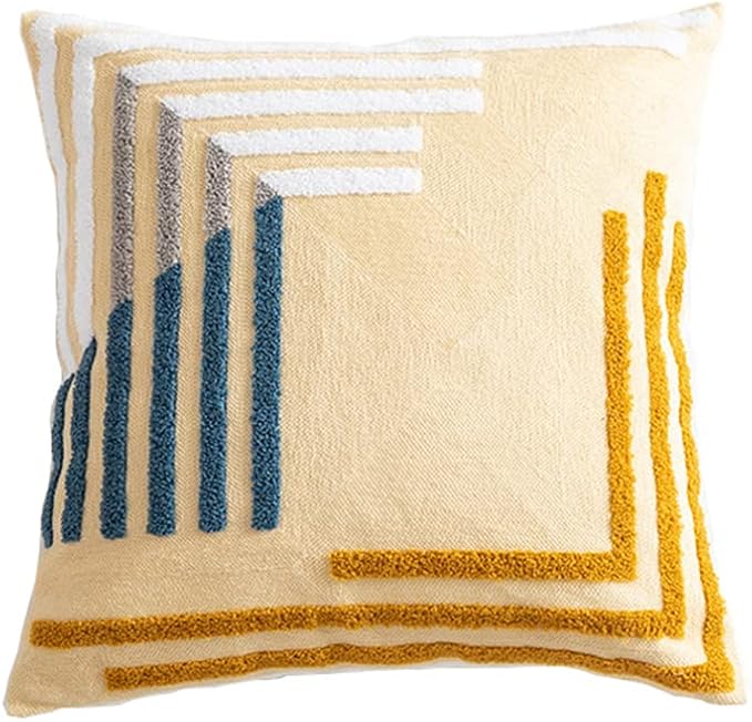 Boho Abstract Tufted Throw Pillow Cover Geometric Embroidered Decorative Pillowcase Farmhouse Cotton Square Accent Cushion Cover for Sofa Couch Bedroom (Type C,18"x18")