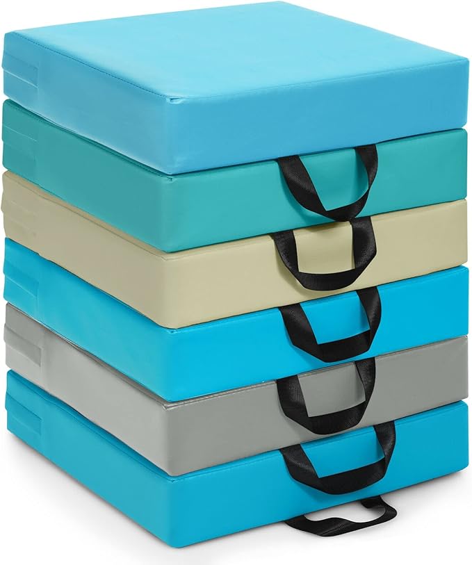 HONEY JOY 6PCS Floor Cushions for Kids, 15 Inch Flexible Alternative Portable Classroom Seating w/Handles, Easy to Clean, 3 Inch Thick Soft Foam Square Comfy Seats for Daycare Preschool(Square, Blue)