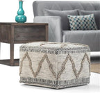 SIMPLIHOME Sweeney Square Pouf - 18 inch Wide Upholstered Wool and Cotton Handloom Woven Ottoman in Grey and Natural, Boho-Style Footstool, Extra Seating or Accent Piece for Living Room, Assembled