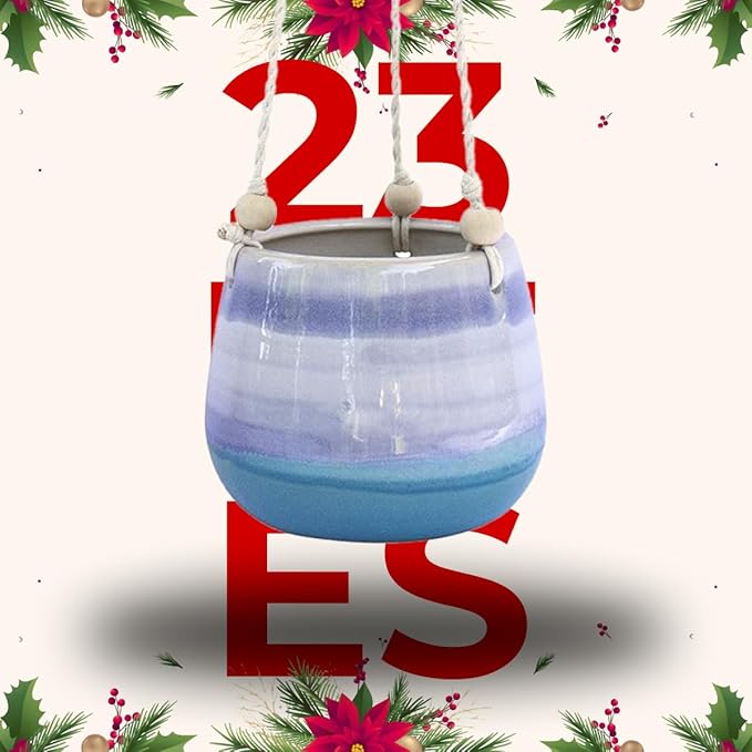 23 Bees Ceramic Hanging Planter | Blue Succulent Pot | Round Plant Holder Container | Cactus Pot with Cotton Rope Hanger | Indoor Outdoor Decor | 6" Diameter x 5" Height | 1 Pack x Blue Horizon