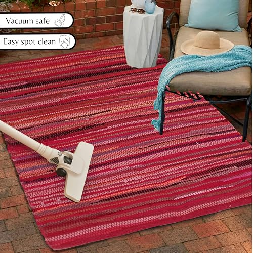Cotton Hand Woven Chindi Rug 3x5 Feet - Red, Reversible Throw Indoor Decorative Carpet Ideal for Entryway, Kitchen, Bedroom | Pink Farmhouse Accent Soft Durable Outdoor Floor Rag Rugs for Nursery - color: Red, size: 3 x 5 feet