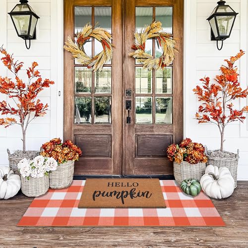 Orange and White Plaid Rug, 24'' x 51'' Fall Front Door Decor Mat, Cotton Washable Hand-Woven Door mat for Layered Doormat, Autumn Halloween Thanksgiving Carpet for Porch, Entryway - color: Orange & White Plaid, size: 2' x 4'3" (Rectangular)