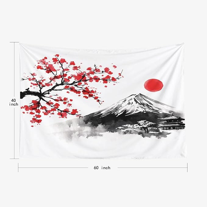 EMMTEEY Mountain Tapestry Hanging Wall Decor Small 60X40 Inch-Ink Red Flowers and Fuji Mountain Durable Wall Art for Bedroom