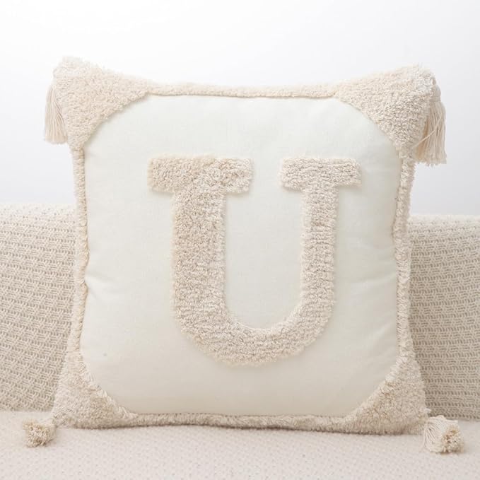 Monogram Pillow Covers with Tassels 18”x18” Modern Cotton Canvas Tufted Alphabet U Throw Pillow Covers for Sofa Couch Bed 26 English Letters Decorative Pillow Case for Sofa Throw Pillows