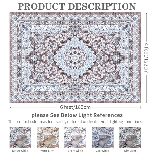 Foxmas 4x6 Area Rugs for Living Room, Machine Washable Vintage Rug, Non-Slip Low Pile Throw Rugs with Rubber Backing Washable Carpet for Bedroom Dining Room Kitchen Home Decor, Brown - color: Brown/Blue, size: 4' X 6' (Rectangular)