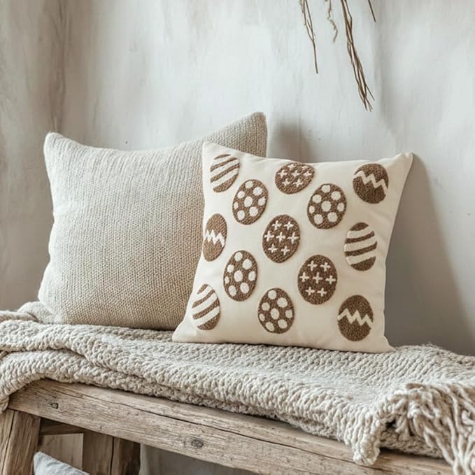Jonhier Easter Throw Pillow Covers, Khaki Neutral Easter Egg Decorations with Tufted Embroidery, Boho Farmhouse Rustic Spring Indoor Decorative Pillows for Couch Sofa, 18x18 Inch, 1 PC