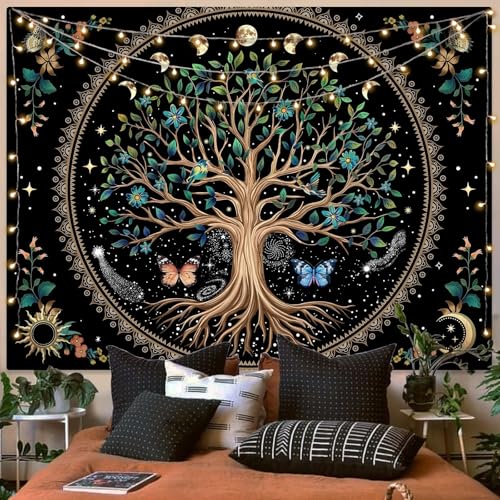 Lunerfex Tree of Life Tapastry Sun and Moon Tapastry Flower Boho Tree Mandala Wall Hanging for Bedroom and Living Room Decor Green Tree 44×60 Inches - color: Light Green, size: 60"L x 44"W