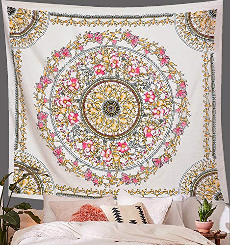 ANJANIYA Floral Wall Hanging Boho Tapestry, Mandala Dorm Décor Tapestry for Room, Beach, Wall, Psychedelic Hippie Wall Hanging Décor and Beach Coverlet Curtain (Yellow White, 54"X60") - color: Yellow White, size: 60"L x 54"W
