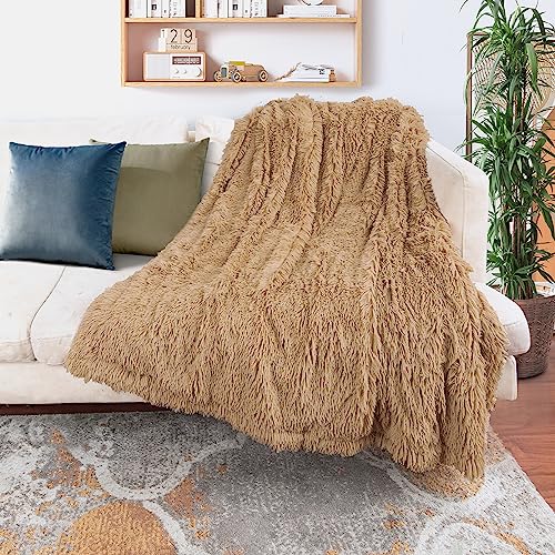 Tuddrom Decorative Extra Soft Faux Fur Throw Blanket 50" x 60",Solid Reversible Fuzzy Long Hair Shaggy Blanket,Fluffy Cozy Plush Fleece Comfy Microfiber Fur Blanket for Couch Sofa Bed,Camel - color: Camel, size: Throw-50" x 60"