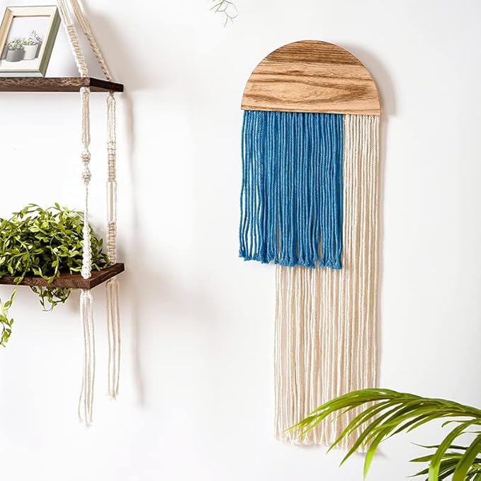 Macrame Wall Hanging, Boho Woven Tapestry, Modern Tassel Wall Decor, Handmade Wall Art Tapestry for Bedroom, Living Room, Home, Bohemian Apartment Decoration Ornament Craft (Blue Semicircle)