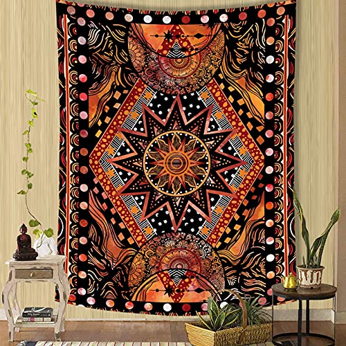 Fowocu Orange Sun and Moon Tapestry Wall Hanging, Indie Hippie Mandala Cool Wall Tapestries, Aesthetic Tapestry for Bedroom Living Room Dorm (Orange, 36'' × 48'') - color: Orange, size: 48"L x 36"W