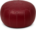 Stuffed Round Design Moroccan Leather Pouf Ottoman, Handmade, Pre-Filled, 100% Genuine Leather, 13” Height x 20” Diameter, Footstool & Living Room Décor (Garnet)