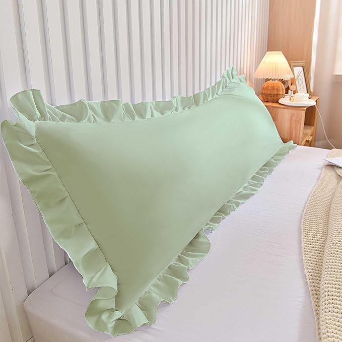 Nanko Body Pillow Case Cover 1 Pack 20x54, Sage Green Ruffled Boho Soft Shabby Chic Microfiber Long Decorative Pillow Covers/Pillow Shams, Comfortable Body Pillowcase for Women Men