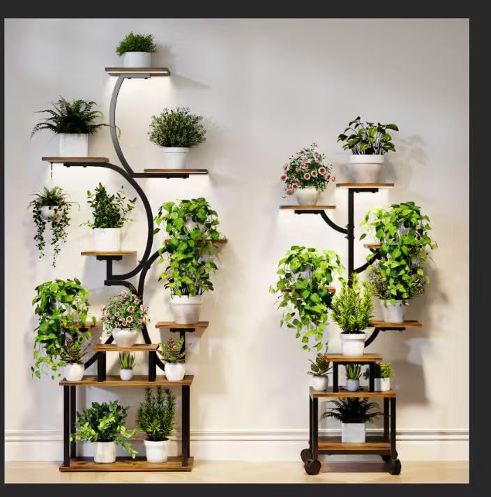 Plant Stand Indoor with Grow Lights - 9-Tier Curved Plant Stand, Tall Metal and Wood Indoor Plant Shelf with Unique Arched Design, Multi-Tier Flower Pot Holder Rack with Waterproof Finish, 63" Tall for Living Room, Balcony, and Garden - size: 3C
