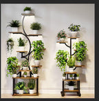 Plant Stand Indoor with Grow Lights - 9-Tier Curved Plant Stand, Tall Metal and Wood Indoor Plant Shelf with Unique Arched Design, Multi-Tier Flower Pot Holder Rack with Waterproof Finish, 63" Tall for Living Room, Balcony, and Garden - size: 3C