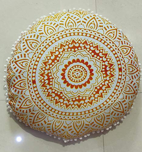 INDIAN CRAFT CASTLE 24" Yellow Ombre Mandala Barmeri Large Floor Pillow Cover Cushion Meditation Seating Ottoman Throw Cover Hippie Decorative Zipped Bohemian Pouf Ottoman Pom Pom Cases 24" Round - color: Fire, style: 24 Inch Round