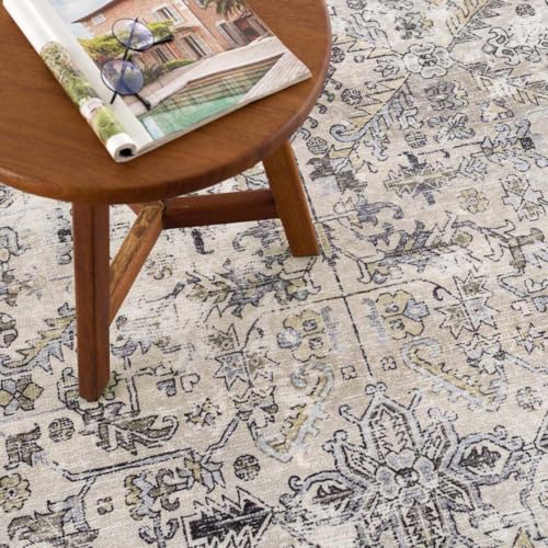 Hauteloom Wentworth Bohemian Vintage Medallion Area Rug - Farmhouse Oriental Carpet for Living Room, Bedroom - Machine Washable- Gold, Arctic Blue, Black - 6'7" x 9' - color: Gold, Arctic Blue, Black / Ariane, size: 6'7" x 9' (Rectangular)
