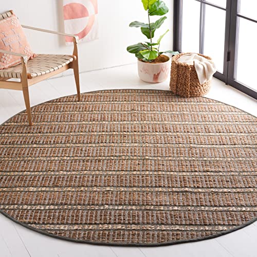 SAFAVIEH Natural Fiber Collection 7' Round Olive/Natural NFB656X Handmade Boho Stripe Farmhouse Rustic Jute & Cotton Jute Area Rug - color: Olive/Natural, size: 7' (Round)