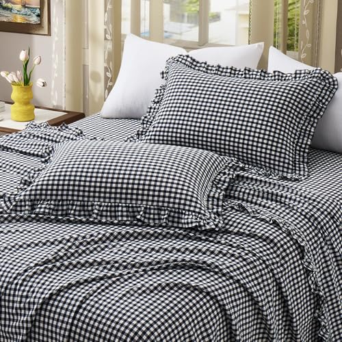 KKJIAF 2 Pcs Plaid Ruffle Pillow Case Standard Size, Ruffled Gingham Cotton Pillowcases 20x26 Inch, Linen Feel Plaid Bed Pillow Shams with Envelope Closure for Sofa Bed (Black Plaid) - color: Black Plaid, size: 26" x 20" (Pack of 2)