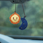 Car Rearview Mirror Hanging Ornament, Crochet Flower Basket Plant Accessory, Handmade Knitted Boho Car Ornament for Women (Sun and Moon)