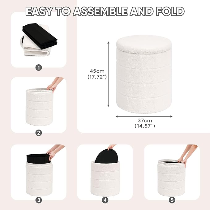 PINPLUS Round Storage Ottoman Foot Rest Stool with Tray Velvet Sherpa Folding Storage Ottoman,Boucle Foot Rest for Living Room, Bedroom, Dorm（White）