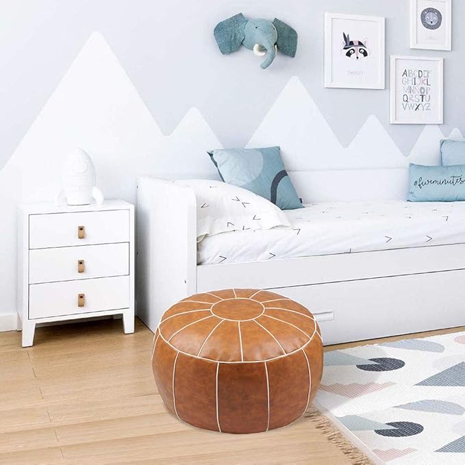 Decorative Pouf Foot Stool Round Unstuffed Leather Ottoman Cushion Storage seat or for Resting Your Feet on, Floor Chair Foot Living Room Bedroom Kids Room and Wedding (Brown)