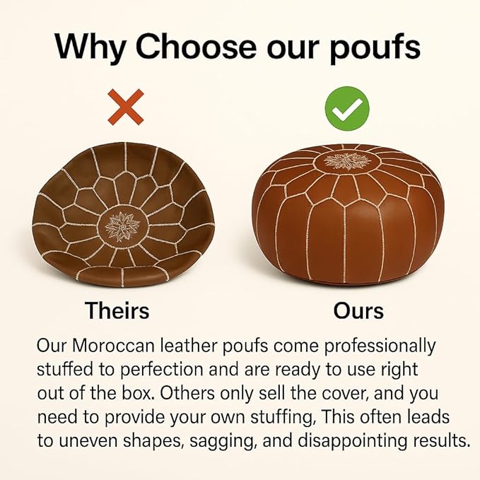 Stuffed Round Design Moroccan Leather Pouf Ottoman, Handmade, Pre-Filled, 100% Genuine Leather, 13” Height x 20” Diameter, Footstool & Living Room Décor (Tan)