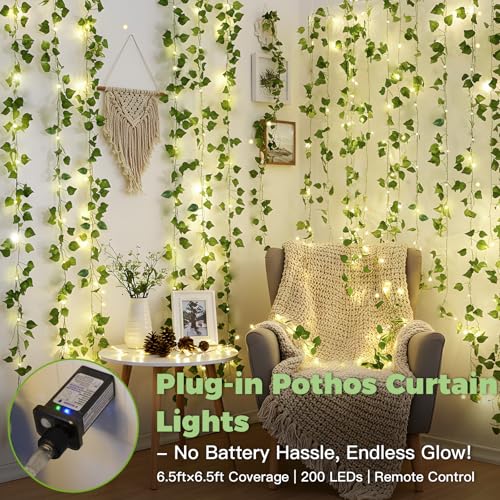 suddus 200 LED Vine with Light Plug in, 6.5ft x 6.5ft Pothos Fairy Curtain Lights with Remote, Leaf Fairy Lights for Wall,Bedroom, Dorm, Wedding, Party, Indoor Decor(Warm White) - color: Pothos, size: Plug In-200led