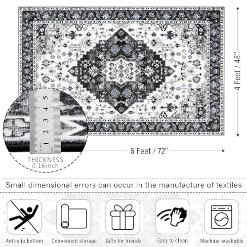 Amearea Vintage Design Area Rugs for Living Room, 4x6 Machine Washable Floral Collection Traditional Bedroom Rug, Low Pile Cute Kids Room Print Carpet, No Slip Office Kitchen Home Decor, Black - color: Black, size: 4' X 6' (Rectangular)