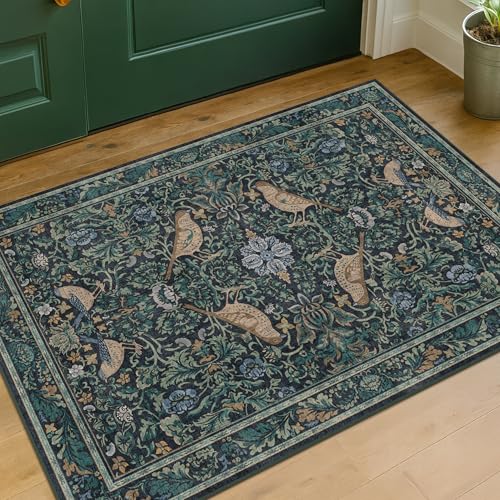 Washable Floral Small 2x3 Dark Blue Entryway Rugs Indoor, Botanical Bird Kitchen Floor Mats, Non-Slip & Soft Boho Carpet for Bathroom, Low Pile Stain Resistant Throw Rugs Bedroom - color: Blue, size: 2' x 3' (Rectangular)