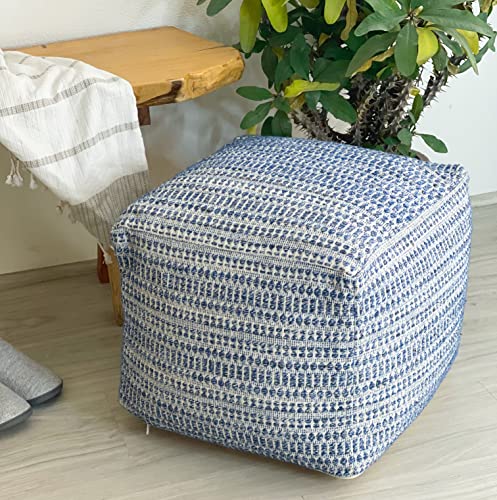 Chardin home UNSTUFFED Ottoman, Cozy & Bohemian Pouf Covers, Hand Crafted Casual Seating, Footrest, Square Floor Pillow for Home, Office, Bedroom, Living Room, 16.5" x 16.5"x 12.9", Blue-Off White - color: Blue-cream, size: 16.5"D x 16.5"W x 12.9"H