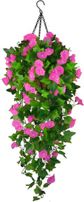 Artificial Fake Hanging Flowers Plants Basket for Spring Outdoor Outside Decoration, UV Resistant Faux Plastic Fabric Flower Morning Glory Wisteria Petunia for Garden Porch Patio Balcony Yard Decor