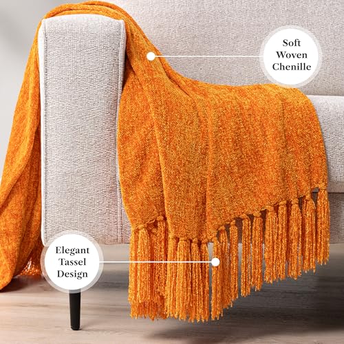 PAVILIA Orange Chenille Throw Blanket for Couch Sofa, Soft Knit Throw with Tassel, Decorative Blanket for Bed Chair Living Room, Orange 50x60 - color: Orange, size: 50 X 60 Inches - Throw